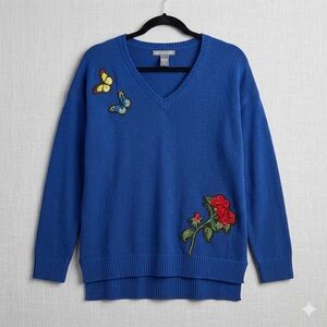 Kate & Mallory Blue Butterfly & Rose Embroidered Sweater L